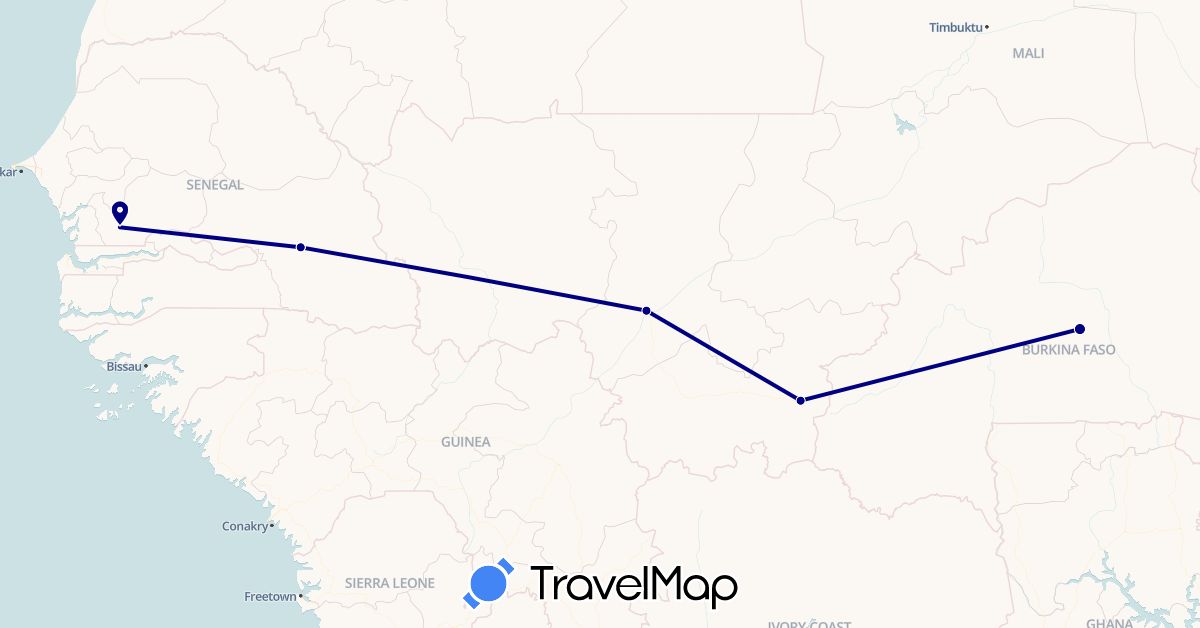 TravelMap itinerary: driving in Burkina Faso, Mali, Senegal (Africa)